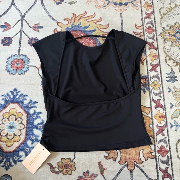 SHEIN Black High Boat Neck Backless Cropped Baby Tee NWT Large Basic - Picture 2 of 5